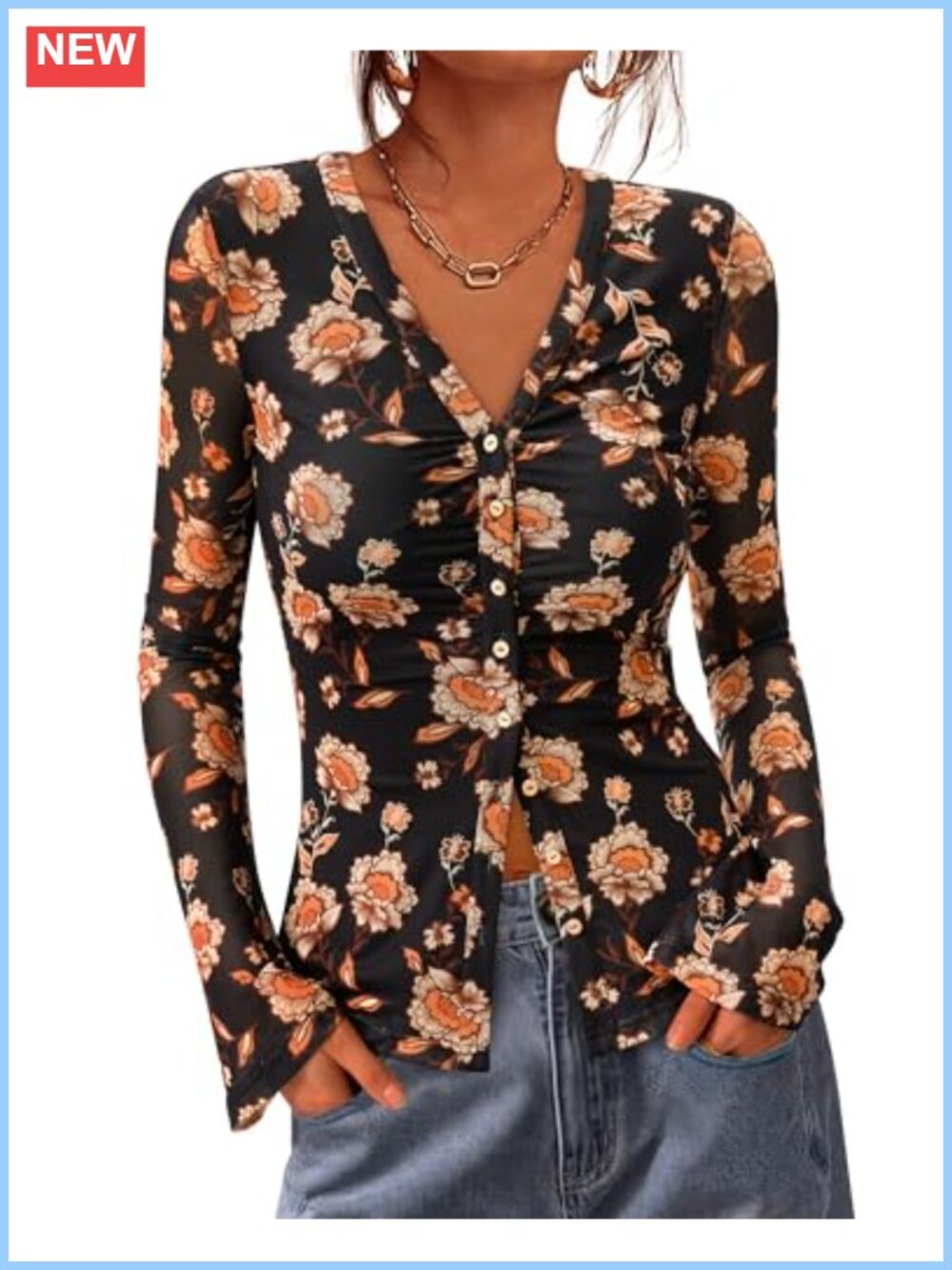 Women's Floral Boho Button Down Shirt Long Sleeve Sheer Bell Sleeve Ruched